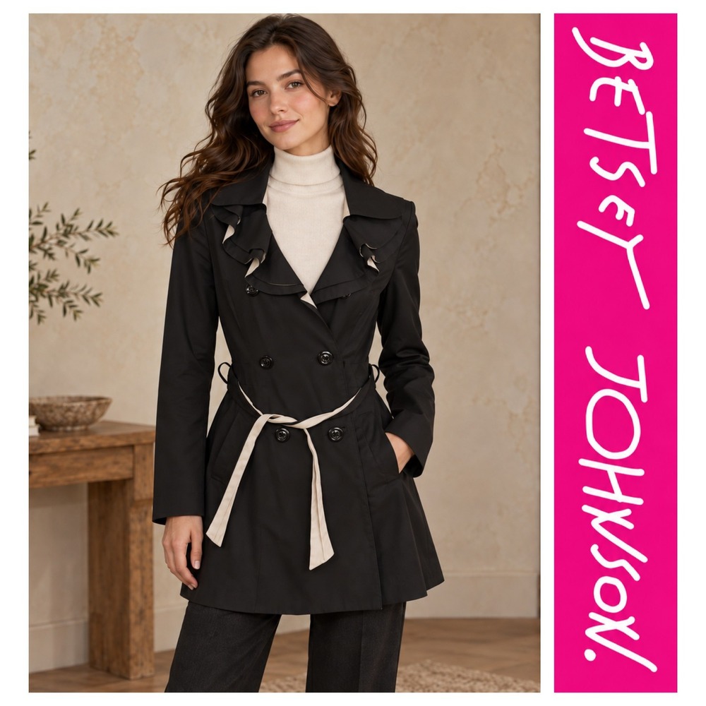 Betsey Johnson Black Double Breasted Ruffle Lined Belted Trench Coat Pockets L